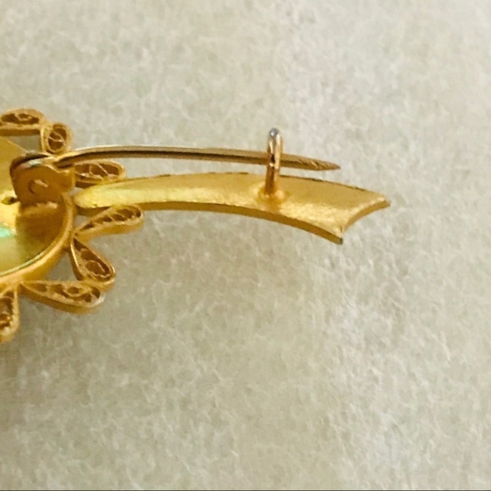 Vtg Damascene Brooch Gold Black Bird Flower Motifs - Picture 4 of 6